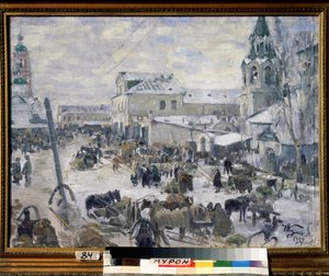 Kirkko Muromissa (Venäjä). (Kirkko Muromissa). Kuvaus kaupungin kadusta, lumen alla, päivittäistä viihdettä, hevoskärryjä. Ivan Semjonovitš Kulikov (Koulikov) (1875-1941) maalaus öljy kankaalle