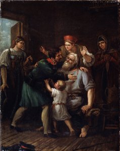 The Return of the Warrior (Homecoming Warrior). Sotilas palaa kotiin ja heittäytyy vanhan isänsä syliin. Koko perhe ilmaisee ilonsa ja helpotuksensa nähdessään hänet elossa. Ivan Vasilyevich Luchaninovin (1781-1824) maalaus, öljy t tekijältä Ivan Vasilyevich Luchaninov