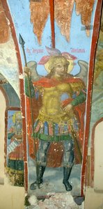 Arkkienkeli Pyhä Mikael - Ivan Yakovlevich Bakhmatovin fresko (aktiivinen 1700-luvun alku), fresko Neitsyt Marian katedraalissa Novgorodissa (Venäjä) - (Pyhä arkkienkeli Mikael, fresko Ivan Yakovlevich Bakhmatov, meidän katedraalissa Nainen
