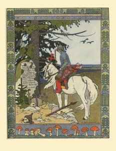 Kuvitus satulle Ivan Tsarevitšista, tulilintu ja harmaa susi, 1902 tekijältä Ivan Yakovlevich Bilibin