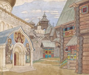 Venäjän kylä. Lavastus N. Rimski-Korsakovin oopperaan Tarina tsaari Saltanista tekijältä Ivan Yakovlevich Bilibin