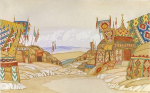 Polovtsien leiri. Lavastus A. Borodinin oopperaan Prinssi Igor, 1930 tekijältä Ivan Yakovlevich Bilibin
