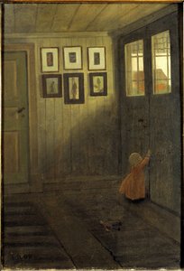 Pieni tyttö on ovella. Aelvaengenin (Ruotsi) taiteilijatalon sisustus - Tyttö ovella. Taiteilijakodin, Aelvaengenin, sisustus, Arosenius, Ivar (1878-1909). öljy kankaalle
