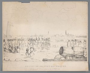 Näkymä Antwerpenin kaupunkiin pommituksen jälkeisenä päivänä, 28. lokakuuta 1830 (otsikko esineessä) tekijältä Izaak Schouman