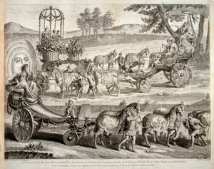 Apollon vaunut - Ote albumista "Masque royal" (Mascara real) - Kuparikaiverrus A J De Fehrt (Defehrt) (1723-1774) tekijältä J.A. Defehrt