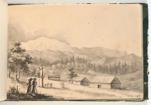 Vuoristomaisema, jossa on ihmisiä ja taloja tekijältä Johan Christian Dahl