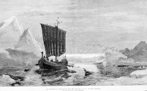 Grönlannin löytö Erik Punaisen 10. vuosisadalla C. Rasmussen. Marine Picture Gallery, Bond Street. tekijältä J.E. Carl Rasmussen