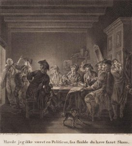 Poliittinen kannu. "Jos en olisi ollut poliitikko, sinun olisi pitänyt hävetä." Kaiverrus Lorentzens Holbergin gallerian mukaan. tekijältä J.F. Clemens