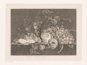Asetelma hedelmien ja ostereiden kanssa Galerie des peintres flamands, hollandais et allemands de Le Brun (sarjan nimi) tekijältä J.L.L.C. Zentner