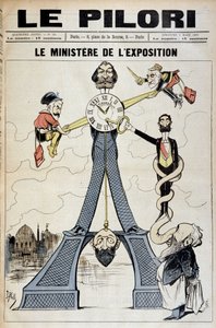 Näyttelyministeri (sarjakuva 1800-luvun lopun talousskandaaleista ja Eiffel-tornista). Kuvitus J. Blass