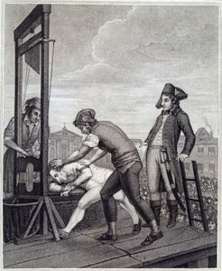 Maximilian de Robespierren (1758-1794) teloituksella on giljotiini 28.7.1794 Place de la Concorde -kaiverruksella James Idnarpilan J. Beysin mukaan. noin 1799. Pariisi, Musee Carnavalet tekijältä J. (after) Beys