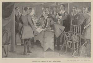 Kompaktin allekirjoittaminen Mayflowerilla (litho)