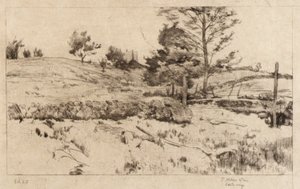 Maisema (peltojen luonnos) tekijältä J. Alden Weir