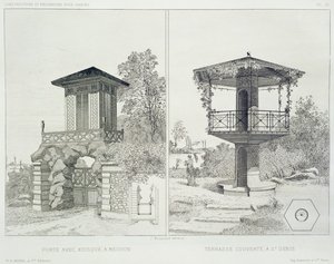 Portaali, jossa on kioski, Meudon ja katettu terassi, St. Denis, useiden arkkitehtien suunnittelemista pubista. Morel & Cie, Pariisi, n. 1880 (etsaus)