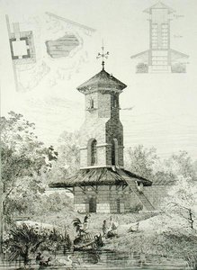 Shelter for Fowl at Chartrettes, julkaisusta "Constructions et Decorations pour Jardins", julkaistu n. 1880 (kaiverrus)