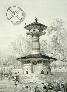 Shelter for Waterfowl at Poissy, julkaisusta "Constructions et Decorations pour Jardins", julkaistu n. 1880 (kaiverrus)