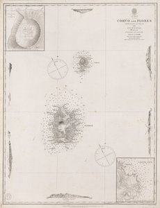 Azorit Corvo ja Flores. Kartoittanut kapteeni A.T.E Vidal R.N. 1844.".
