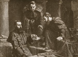 Aarteen piilottaminen luostarin tukahduttamisen yhteydessä, kuvitus Englannin kirkosta: Kansan historia, H.D.M. Spence-Jones, pubi. n. 1910 litho seepia valokuva tekijältä J. Cooke