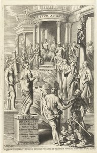 Herkules johdattaa ihmisen hyveiden personifikaatioiden ohi ikuisen kuuluisuuden temppeliin Nimisivu: Idea principis christiano-politica, Centum Symbolis expressa, Bryssel 1649 (otsikko esineessä) tekijältä J. Danoot
