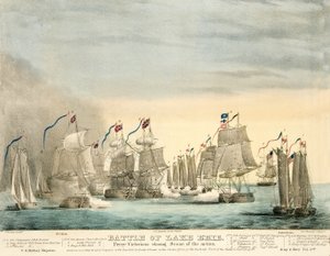 Eriejärven taistelu. Perry Voittoisa loppukohtaus Army and Navy -lehdestä, pubista. 1840 (värinen kaiverrus) tekijältä J. Evans
