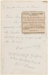 Kirje Liverpool Weekly Courier -lehden kilpailutoimittajalle, 1917 tekijältä J. Griffiths