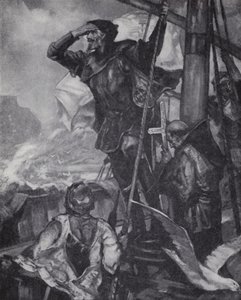Portugalilainen tutkimusmatkailija Vasco da Gama havaitsee Hyvän toivon niemimaan matkallaan Intiaan. tekijältä J. H. Amschewitz