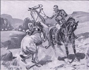 Majuri Brown, 14. hussarit pitelemässä liet Brownin hevosta raskaan tulen alla, kuva Pretorian jälkeen: Sissisota, 1902 tekijältä J. H. Thorneley