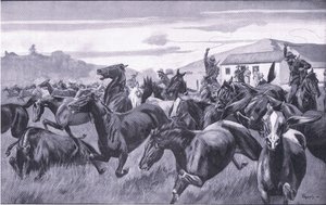 Buurit hyökkäämässä Braamfonteinin Remount Depot -varikolle, teoksesta After Pretoria: The Guerilla War, jonka on julkaissut Harmsworth Bros Limited, 1901. tekijältä J. H. Thornely