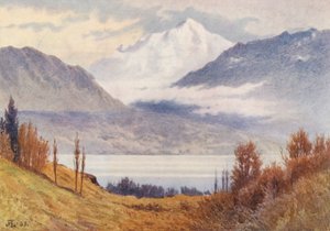 Mont Blanc Morgesin yläpuolelta (värilitografia) tekijältä J. Hardwicke Lewis