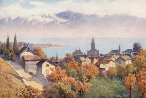 Morges ja järvi Vufflensin tieltä (värilitro) tekijältä J. Hardwicke Lewis