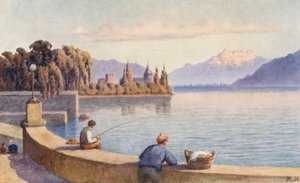 Dents du Midi ja La Tour elokuvasta "Entre deux Villes" (värilitografia). tekijältä J. Hardwicke Lewis