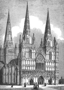 Lichfieldin katedraalin länsirintama, Staffordshire, n. 1843 tekijältä J. Jackson