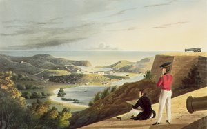 Näkymä Englannin satamaan, Antigua, Great George Fortista, Monks Hill, kaiverrettu T. Fielding, julkaissut T. ja G. Underwood, 1827.