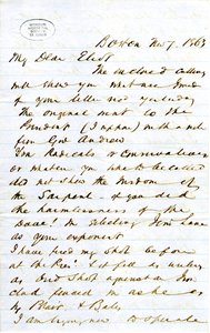 Kirje allekirjoitettu J.M.F. [J.M. Forbes], Boston, Eliotille [William G. Eliot], 7. marraskuuta 1863 tekijältä J. M. Forbes