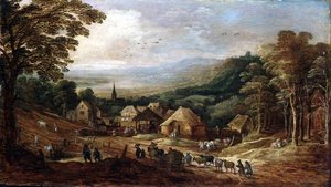 Syksyinen maisema talonpoikien kanssa tekijältä J. and Momper J. de Brueghel