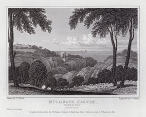 Mulgraven linna, yleisnäkymä, Yorkshire (kaiverrus) tekijältä John Preston Neale