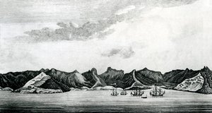 Näkymä Cumberlandin lahdelle Juan Fernandesin saarella, n. 1745 (kaiverrus) tekijältä J. S. Mason