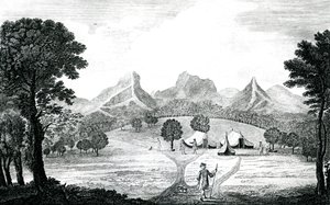 Näkymä Commodore-telttaan Juan Fernandesin saarella, n. 1745 (kaiverrus) tekijältä J. S. Mason
