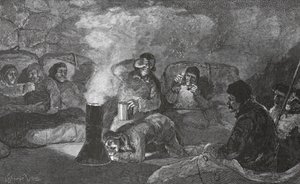 Talvimajamme sisustus Camp Clayssa ruoanlaiton aikana, 1883 pub. Lontoo 1886