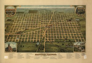 Lintuperspektiivistä Mattoon, Illinois 1884. tekijältä J. W. Shober and Carqueville Smith