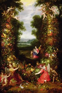 Pyhä perhe maisemassa, jossa on hedelmien ja vihannesten seppele (paneeli) tekijältä J. and Avont, P. van Brueghel