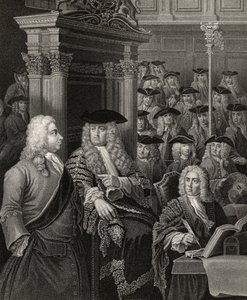 Sir Robert Walpolen hallinnon alahuone, kaiverrettu R. Page, "The Works of William Hogarth", julkaistu 1833 (katso 132107) tekijältä J. and Hogarth, W. Thornhill