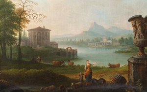 Italialainen pastoraalimaisema, jossa Vestan temppeli on suiston vieressä (öljy kankaalle). tekijältä Jacob-Philippe (circle of) Hackert