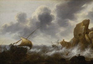 Kalastusvene kalliorannikolla myrskyssä ja haaksirikko, n.1664-65 (öljy paneelille). tekijältä Jacob Adriaensz. Bellevois