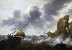 Myrskyyn joutunut kalastusalus kalliorannikon lähellä, jossa on haaksirikko. Jacob Adriaensz Bellevoisin (1621-1675) öljy kankaalle. tekijältä Jacob Adriaensz. Bellevois