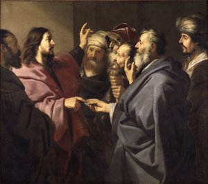 The Tribute Money - The Tribute Money, kirjoittanut Backer, Jacob Adriaensz. (1609-1651). öljy kankaalle