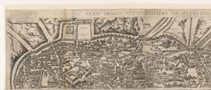 Plattegrond van Rome ten tijde van keizer Augustus (bovenste blad) (otsikko esineessä) Muinaisen Rooman hahmoja raunioituneiden rakennusten jäljestä (nimi esineessä) tekijältä Jacob Bos