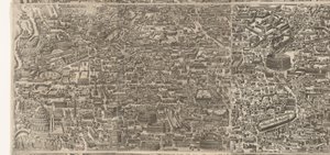 Plattegrond van Rome ten tijde van keizer Augustus (keskimmäinen blad) Erittäin tarkka kuva muinaisesta kaupungista muodostettu muinaisista monumenteista Muinaisen Rooman hahmoja raunioituneiden rakennusten jälkistä tekijältä Jacob Bos
