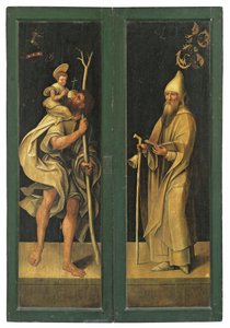 Pyhä Christopher kantamassa Kristus-lapsia ja St. Anthony Abbot, alttaritaulun ulkopinnat tekijältä Jacob Claesz. von Utrecht