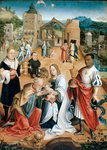 The Adoration of the Magi (Triptyykin keskuspaneeli) - Peinture de Jacob Claesz. van Utrecht (noin 1480-noin 1530) tekijältä Jacob Claesz. von Utrecht